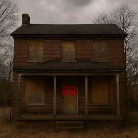 Condemned house in Richmond Virginia with boarded windows and city notice