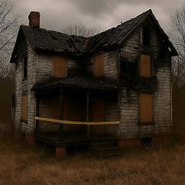 Fire-damaged house in Virginia with blackened roof and boarded windows