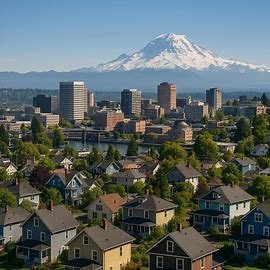 Tacoma Washington homes and city skyline with Mount Rainier in the background