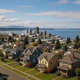 Everett Washington homes near the waterfront with city skyline