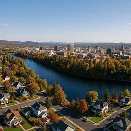 Spokane Washington homes and city skyline with Spokane River