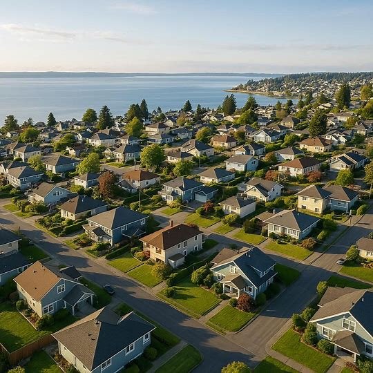 Everett Washington homes with Puget Sound waterfront in the background