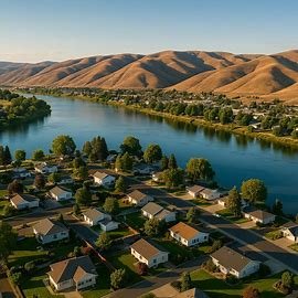 Clarkston Washington homes near the Snake River with hills in the background