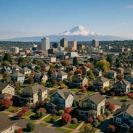 Tacoma Washington homes with city skyline and Mount Rainier in the background