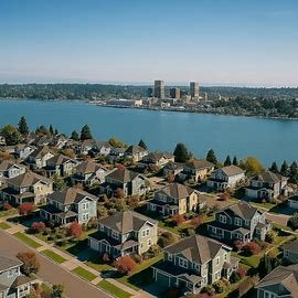 Everett Washington homes near Puget Sound waterfront with skyline in the distance