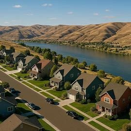 Clarkston Washington homes near Snake River with hills in the distance