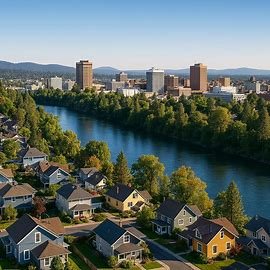 Spokane Washington homes near river and downtown skyline
