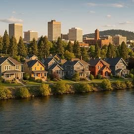 Spokane Washington homes near the Spokane River and downtown skyline