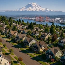 Tacoma Washington homes with Mount Rainier and port in background