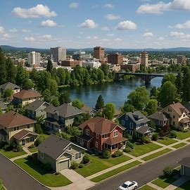 Spokane Washington homes with downtown skyline and Spokane River