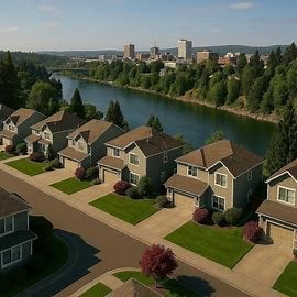 Spokane Washington residential neighborhood with river and city skyline