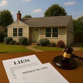 Washington home with legal lien documents and gavel