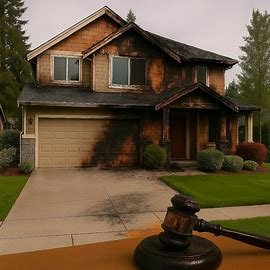 Fire-damaged house exterior in Washington with visible roof and wall damage