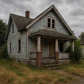 Exterior of a vacant house in Washington with overgrown yard